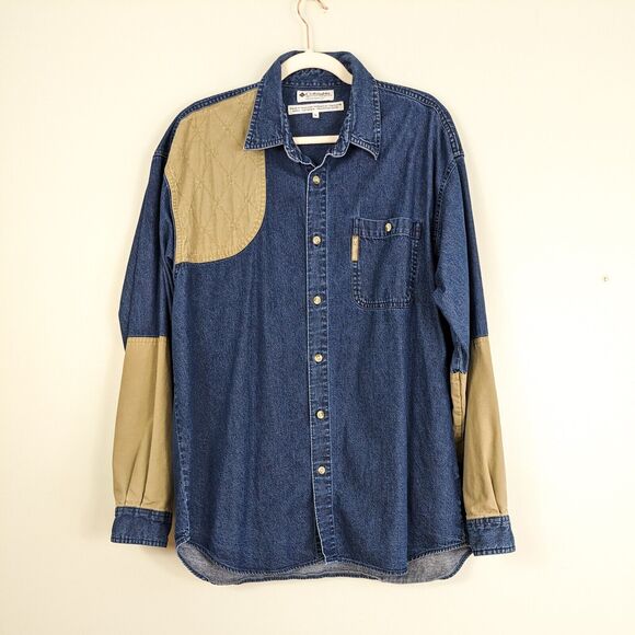 Vintage Columbia Button Up Shirt L Blue Tan Work Workwear 90s Jean Denim Western - Picture 1 of 9